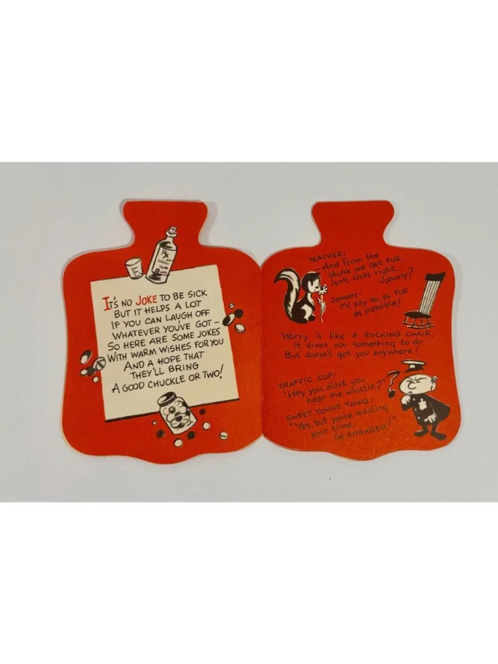 Vintage Gibson Get Well Card Shaped Like A Red Hot Water Bottle With Jokes & Ill